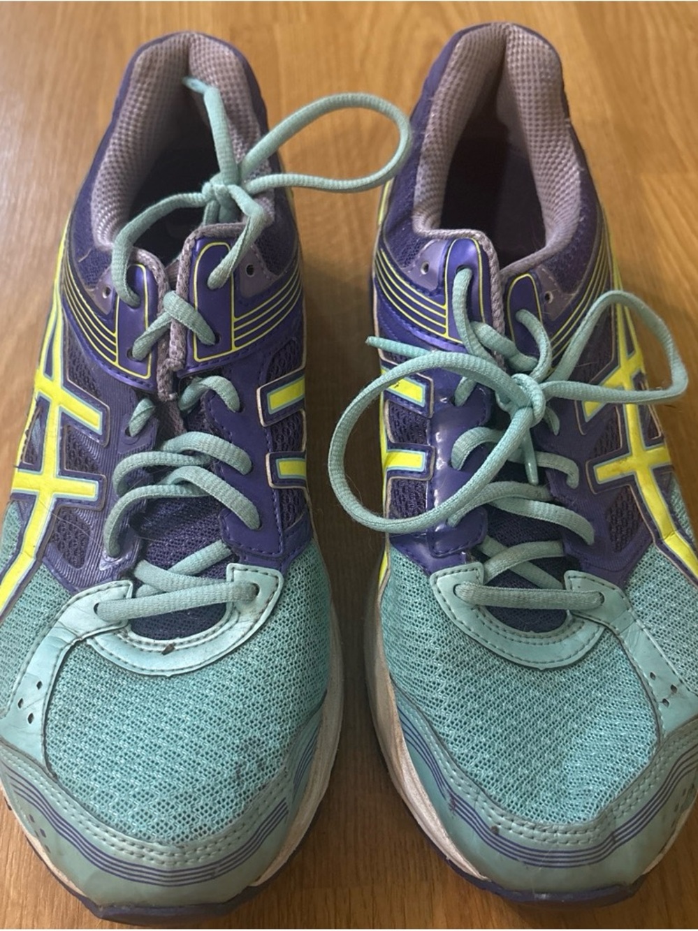 Asics Aqua and Purple Running Shoes with Yellow Accents
